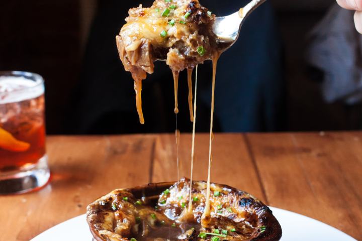 French onion soup cheese pull